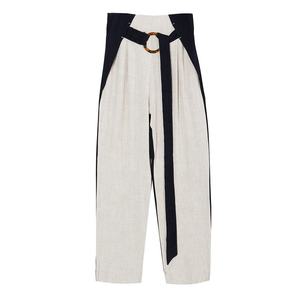 OUDINA High Design Contrast Color Casual con cintura <span class=keywords><strong>pantaloni</strong></span> a matita carota <span class=keywords><strong>pantaloni</strong></span> a gamba larga in lino da donna - Product Image 5