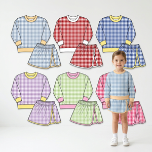 Vêtements assortis pour enfants en gros, ensemble de jupes-culottes pour filles, couleur unie, à carreaux - Product Image 1