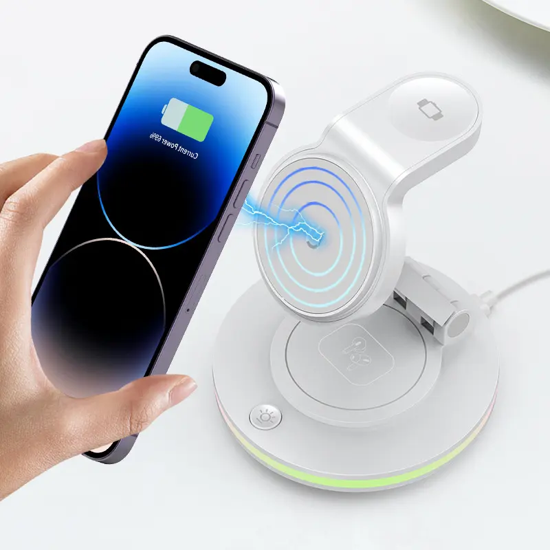 Portable 15W 3 In 1 Folding Charging Station With Night Light Fast Charging Magnetic Rotatable Wireless Charger for Iphone 15Pro