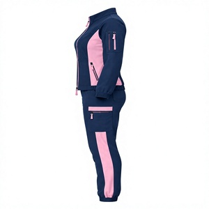 Ensemble de 3 pièces pour femmes, bleu marine, vêtements de travail médicaux, veste à fermeture éclair contrastée rose, haut à col en V, pantalon cargo jogger - Product Image 3