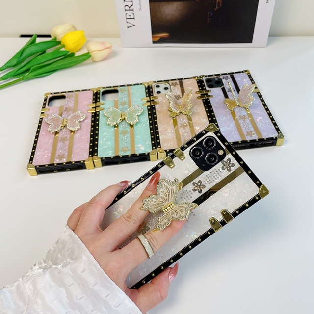 Luxury TPU PC Case for IPhone 16 15 14 Plus 13 Pro 12 11 Pro Max Plating Butterfly Girls Lady Stand Phone Cover
