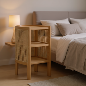 Comodino Semicircolare in Rattan Naturale, Tavolino da Notte in Legno Massello con Ripiani Aperti, Arredamento Moderno Scandinavo per Camera da Letto - Product Image 2