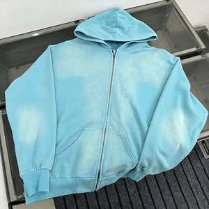 Sudadera con capucha para hombre de alta calidad, con cremallera, estilo acid wash, streetwear, desgastada, de peso pesado, con estampado en relieve. - Product Image 4