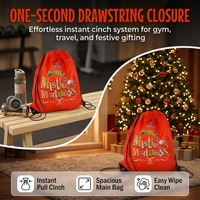 Tas Ransel Serut Poliester 210D Oranye Merah Grosir, Tas Tali Serut Motif Mistletoe, Tas Ransel Serut Natal Custom Grosir