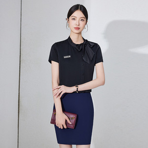 White Short Sleeve Blouse With Bow Tie Button Down Women's Work Shirt Professional Office Wear Poplin Fabric - Product Image 2