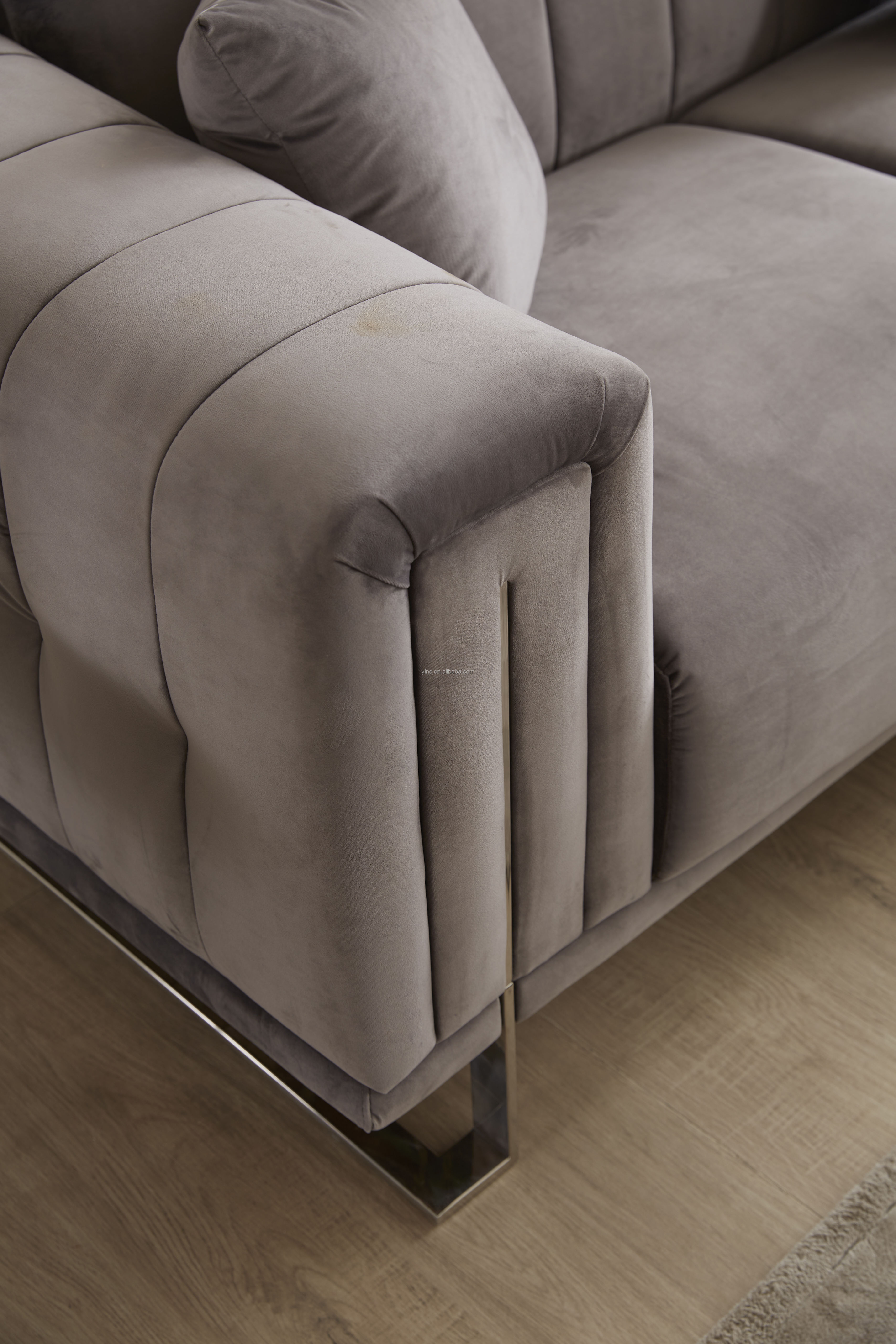 luxury velvet fabric european chesterfield living room modern furniture with Metallic stainless steel leg sofa set
