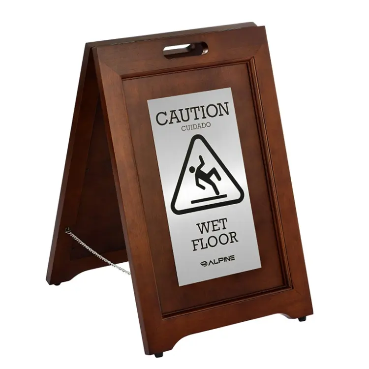 A-Frame Warning Notice Wooden Stainless Steel Plated Wet Floor Sign