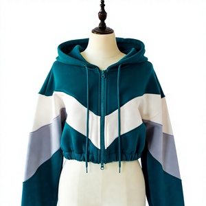 Women's <b>Cropped</b> Color Block <b>Zip</b> <b>Up</b> Hoodie Oversized Fleece Hooded Sweatshirt Casual Streetwear Jacket - Product Image 1