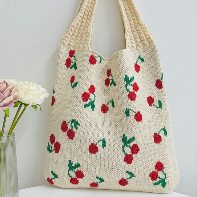 Cherry Pattern Durable Shopping Bag Weaving Crochet Large Capacity Underarm Bag Vintage Style Portable Double Versatile Tote Bag