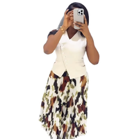 Conjunto de 2 Piezas para Mujer, Top Corto sin Mangas con Cuello en V y Botones, Falda Larga Plisada Estampada, Estilo Vintage, Tela Satén