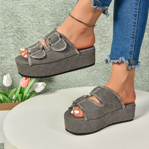 Sandalias de cuña casuales de mezclilla para mujer con suela gruesa, estilo de caña alta, amortiguación y tallas grandes para verano al aire libre - Product Image 3