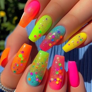 <span class=keywords><strong>Faux</strong></span> ongles à presser uniques et tendance, longs, forme cercueil, multicolores néon, avec paillettes confettis vives, pour les vacances - Product Image 1