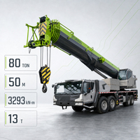 Grue de chantier télescopique d'occasion avec flèche longue portée, châssis multi-essieux et stabilisateurs hydrauliques