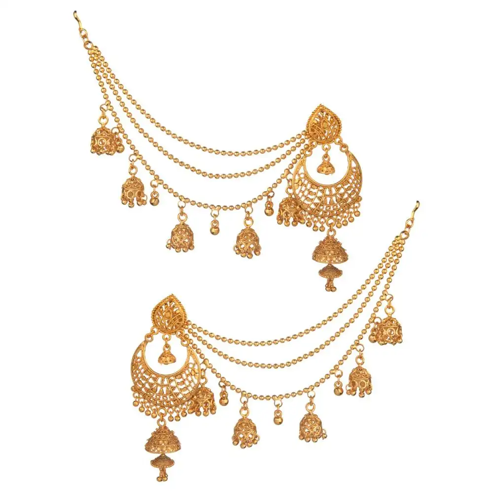 Indian Bollywood Jewelry 14K Gold Plated Dangling Earring with Layered Jhumka Tassels Ear Support Chain Hair Accessory for Women