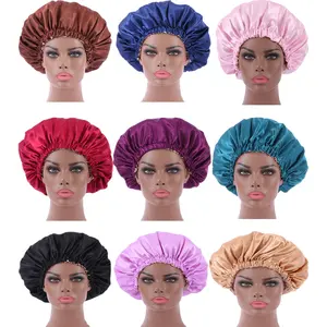 Satin Silk Bonnet Sleep Bonnet Cap Solid Color Double Layer Customize Logo Reversible Adjustable Hair Bonnets Bath Shower Cap