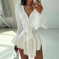 Robe courte sexy personnalisée noire et blanche pour femme avec col en V et manches évasées pour fête d'anniversaire