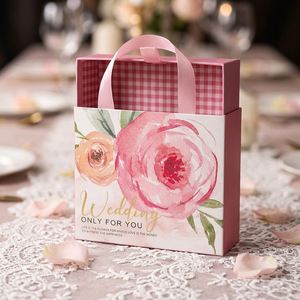 Boîte cadeau de mariage avec poignée, design floral, boîte rigide en papier pour cadeaux de mariage - Product Image 1