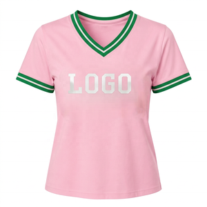 Camiseta de Manga Corta con Cuello en V Rosa para Mujer, con Ribete Verde, Logotipo Personalizado, Corte Regular Informal, 100% Algodón, Transpirable, Ecológica, de Secado Rápido - Product Image 1