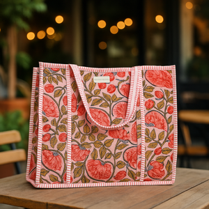 Bolso de mano de algodón con estampado de bloques a mano, acolchado hecho a mano, respetuoso con el medio ambiente, ligero, gran capacidad, cierre de cremallera, tela Floral - Product Image 3