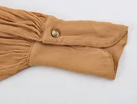 Robe longue décontractée à col montant marron avec lacets et boutons, manches longues lanternes, pour femmes