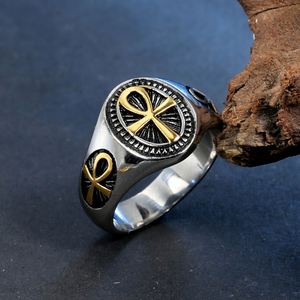 Stainless Steel <b>Ring</b> with Ankh Emblem Classic Signet Design Two Tone <b>Silver</b> and Gold Textured Black Face Vintage Style <b>for</b> <b>Men</b> - Product Image 3