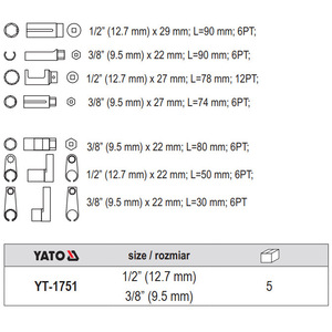 ชุดเครื่องมือเซ็นเซอร์ออกซิเจน YATO ชุดประแจบล็อก 1/2 นิ้ว 3/8 นิ้ว 5 ชิ้น เครื่องมือซ่อมรถยนต์ - Product Image 1