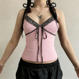 2026 แฟชั่นขายดี เสื้อสายเดี่ยวลายเสือดาวสีชมพูสำหรับผู้หญิงพร้อมสายผูกโบว์สไตล์น่ารักหวาน - Product Image 3