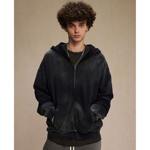 Sweat-shirt unisexe à capuche zippé en mélange de coton et polaire, coupe oversize avec épaules tombantes et poches, style vieilli pour femme - Product Image 2