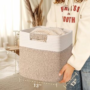 <span class=keywords><strong>Cestas</strong></span> de Almacenamiento Cúbicas Hechas a Mano, Paquete de 3, <span class=keywords><strong>Cestas</strong></span> Tejidas de Cuerda de Algodón de 13 Pulgadas para Sala de Estar con Asas - Product Image 4