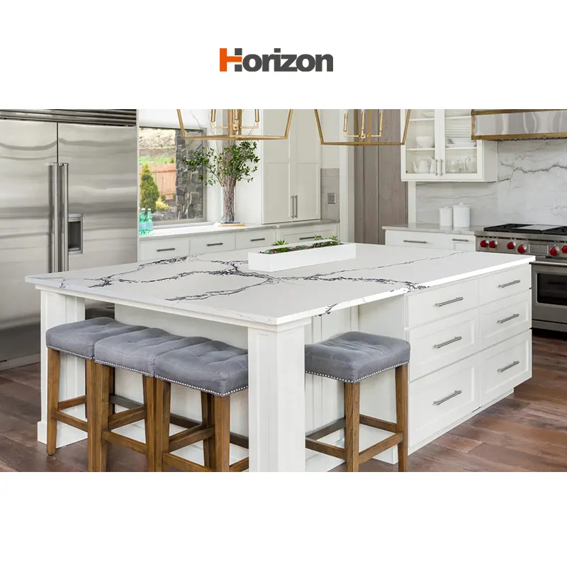 Personalizado borda plana Prefab polido calacatta branco quartzo laje pedra cozinha bancada