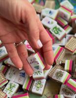 Set Mahjong Amerika Seni Floral yang Berwarna-warni, Ubin Akrilik Lukis Tangan dengan Pola Bunga & Burung Bangau yang Lucu, Sempurna untuk Acara Malam Wanita