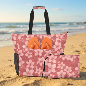 Bolso de playa grande 2 en 1 personalizado con estampado floral rosa, de poliéster, para mujer, con bolsillo frontal, cierre de cremallera y bolsillo de malla. - Product Image 1