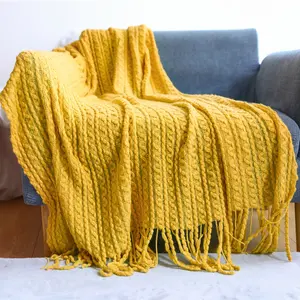 Couverture tricotée en acrylique jaune <span class=keywords><strong>moutarde</strong></span>, légère <span class=keywords><strong>et</strong></span> douce, couverture Jacquard tissée décorative confortable avec glands - Product Image 1