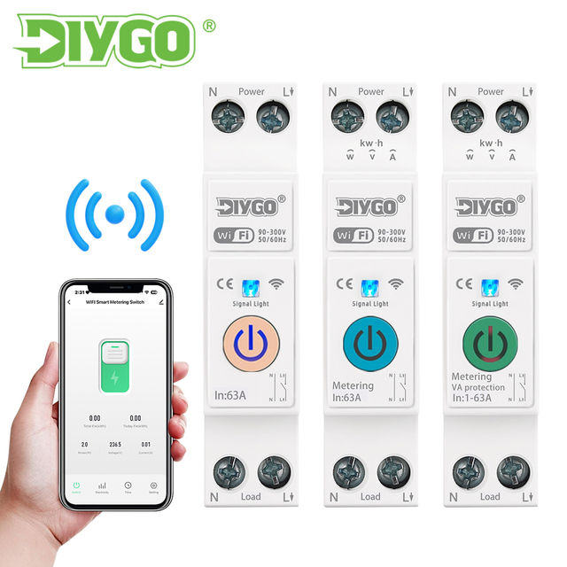 63A 1P+N WiFi Smart Switch MCB With Energy Meter, kWh Monitoring, Timer Relay, Tuya/SmartLife Control Smart Breaker DGB-63TT