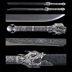 TRODTTI – Décoration chinoise vintage faite à la main, en acier au carbone 1065, avec poignée en argent antique à motif de dragon en relief et fourreau à motif noir - Product Image 6