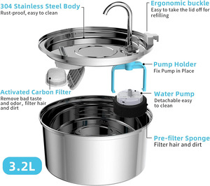 Instock Popular 3.2L Grifo de acero inoxidable Fuente de agua Alimentador de mascotas Dispensador DE AGUA DE ACERO INOXIDABLE - Product Image 3