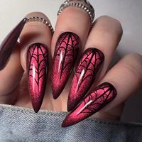 Uñas postizas francesas hechas a mano para Halloween, diseño 3D de telaraña y gato negro, puntas largas tipo stiletto, venta al por mayor, logotipo personalizado, para salón de uñas.