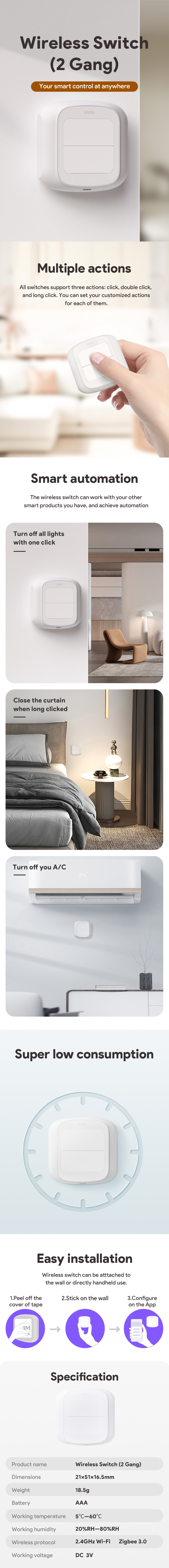 Smart Automation Multiple actions wifi  Zigbee Wireless Switch Tuya Smart 2 Gang Thermometer+Scene button