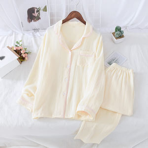 Pijamas de <span class=keywords><strong>pareja</strong></span> suaves y transpirables 100% algodón crepé manga larga Color sólido camisón elegante clásico con seis colores opcionales - Product Image 3