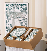 Service de Table en Céramique Style Ins Créatif – Bols, Cuillères et Assiettes en Porcelaine – Coffret Cadeau – Bols et Assiettes à Salade en Céramique Motif Fleur Vert Éclatant