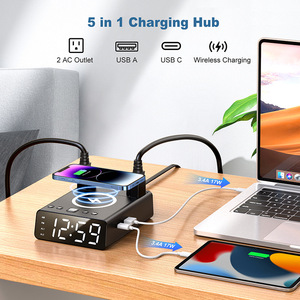 Comodino comodino Power Strip 2 prese sveglia veloce caricatore Wireless stazione <span class=keywords><strong>di</strong></span> ricarica Wireless <span class=keywords><strong>con</strong></span> doppio <span class=keywords><strong>orologio</strong></span> USB C USB A - Product Image 5