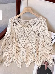 Crochet Asymmetrical Hem Hollow Out Floral Knitted Top Casual Beach Wear Half Sleeve Summer Top Women's Clothing
