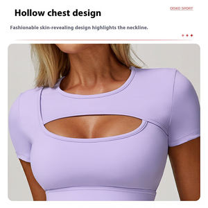 Özel logo elastik sıkıştırma ön Hollow tasarım kırpma üst T-shirt ve sutyen 2 in 1 kadın spor eğitimi koşu üst giyim - Product Image 4