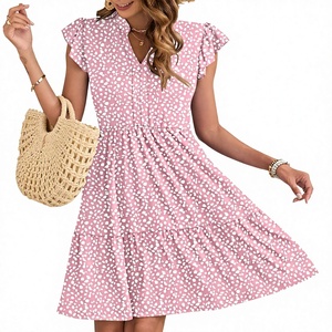 Robe midi rose à imprimé floral, col en V, manches courtes, coupe trapèze, taille élastique, en coton respirant, décontractée, été/printemps - Product Image 2
