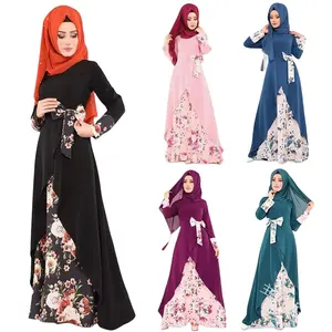 Floral Print Patchwork 4 Seasons Long Skirt Middle Eastern Dress Robe For Women Muslim Islamic India Indonesia Robe