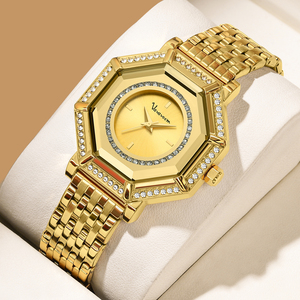 Montre pour femme de qualité supérieure, dorée, avec lunette sertie de cristaux, bracelet en acier inoxydable, mouvement à quartz, montre de luxe, cadeau - Product Image 1
