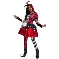 Gruselige Narren-Clown-Kostüme für Damen Halloween-Abendkleider Rot-Schwarz Kariertes Outfit Kleiderset aus Polyester