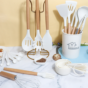 Custom Logo 33 Pieces Kitchen Accessories Cooking Spatula Spoon Non-stick Food Grade <b>Silicone</b> Utensils Set With Wooden Handle - Product Image 2