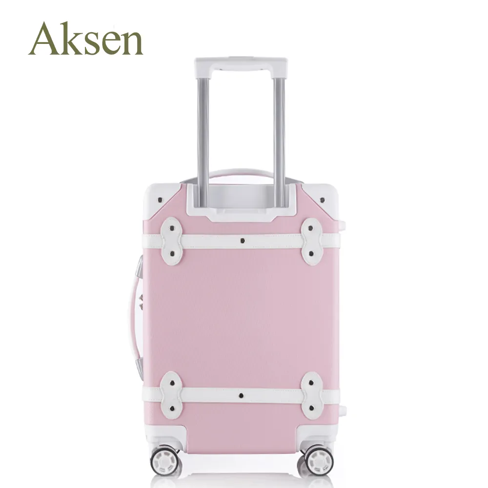 Cổ Điển Cổ Điển Carry-On Xe Đẩy Va li Chính Hãng PU Da Màu Hồng Tsa Khóa Retro Thân Cây Xe Đẩy Hành Lý