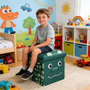 Tabouret de rangement en forme de dinosaures mignons avec siège rembourré doux, tabouret pour enfants, tabouret en éponge et polyester pour salon et chambre à coucher - Product Image 2